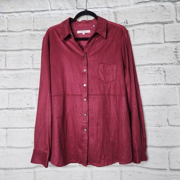 Foxcroft NYC Collared Chest Pocket Full Snap Button-Up Top Maroon Size 18 Suede - Picture 5 of 13